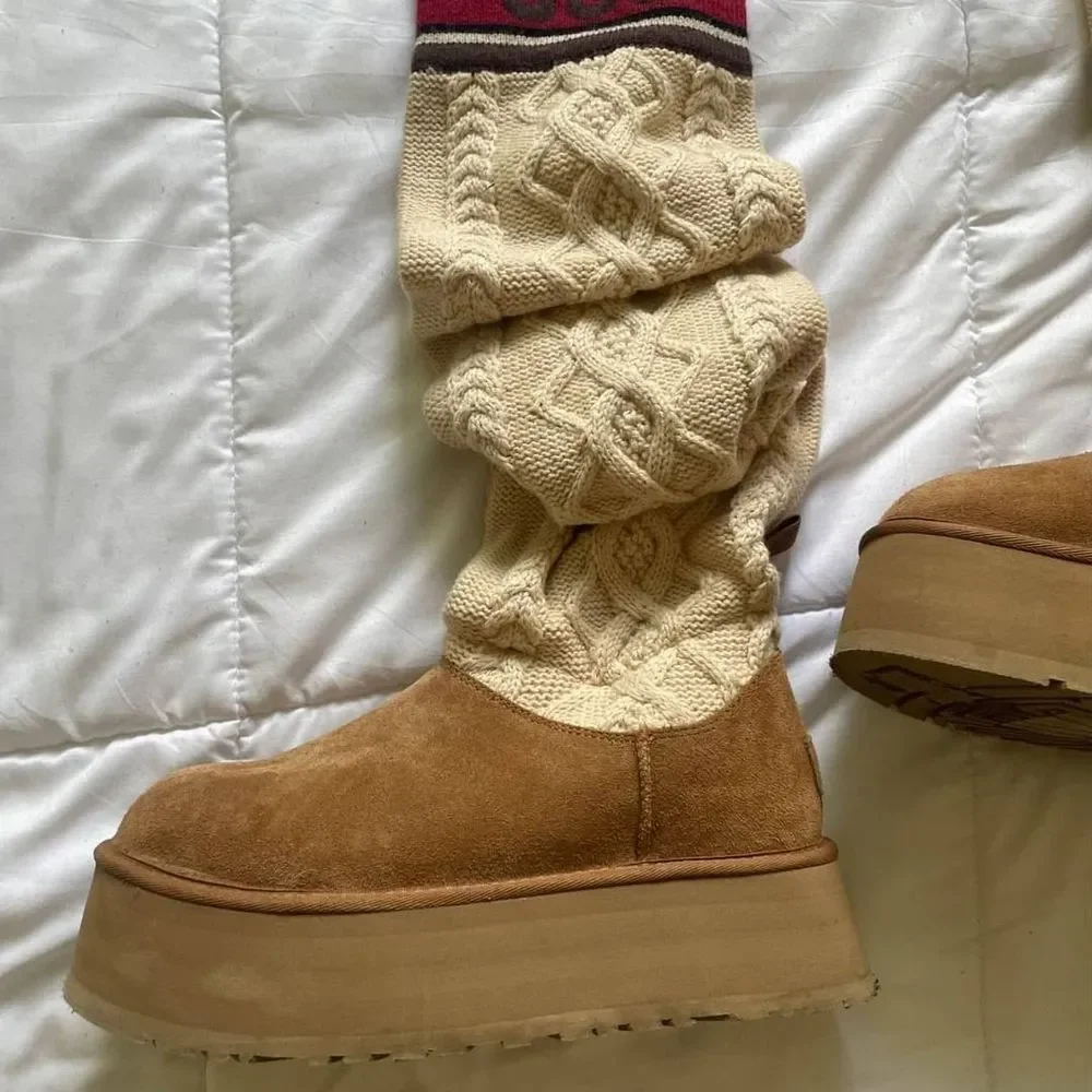 NEW UGG Platform Classic Sweater Letter Cream Tan Winter Boots Knit Boots 9